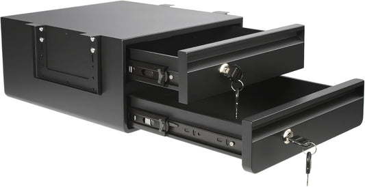 14 In Double Under Desk Drawer,Under Desk Pull Out Drawer with Lock and Keys,Adjustable Height, Metal Storage Drawer with Slide Extension Mounted Under Flat Wooden Table or Workbench, Black