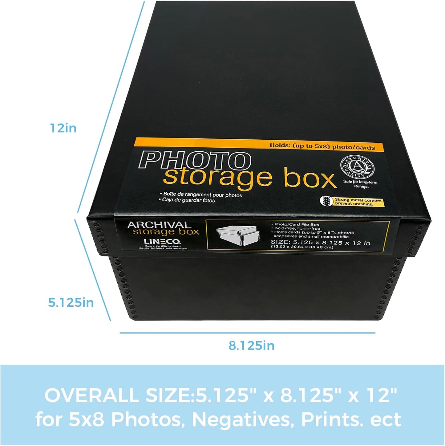 Lineco Photo Card Box, Museum-Quality Archival Storage, Acid-Free with Removable Lid, Bulk Storage for Negatives, Prints, Films, Photos, Snapshot, 5x8x12 Inches, Black