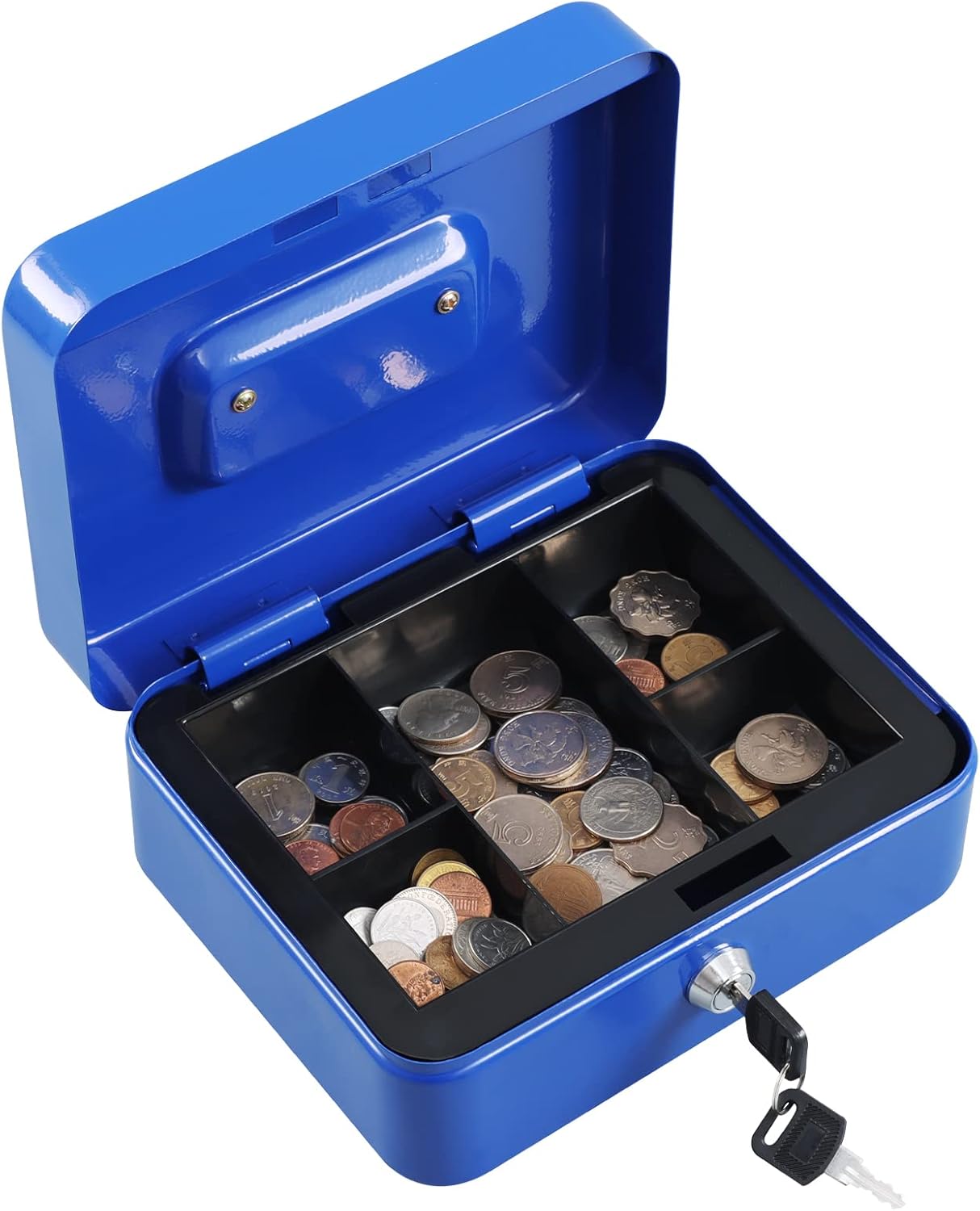 xydled Locking Steel Medium Cash Box with Removable Coin Tray and Key Lock,7.87"x 6.30"x 3.54",Blue