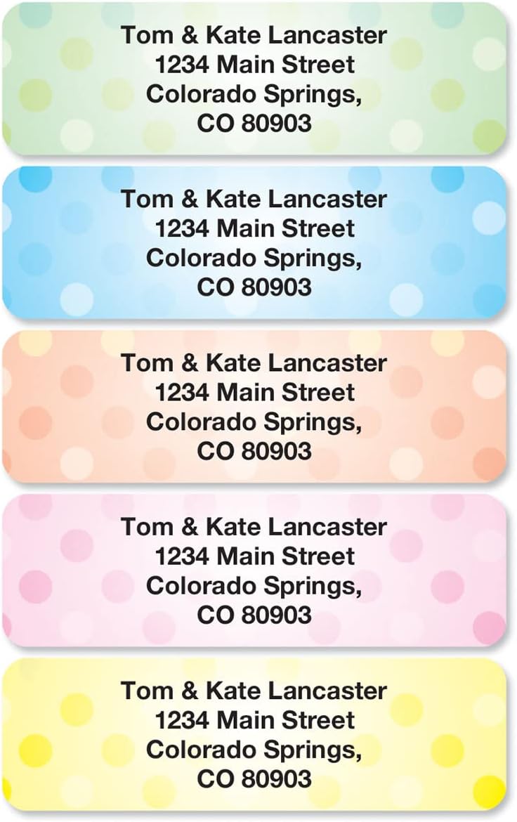 Pastel Dots Rolled Personalized Return Address Mailing Labels with Dispenser, Set of 250, 5 Designs, Small ¾ x 2½ Inch Size, Custom Self-Adhesive Sticker Roll, by Colorful Images