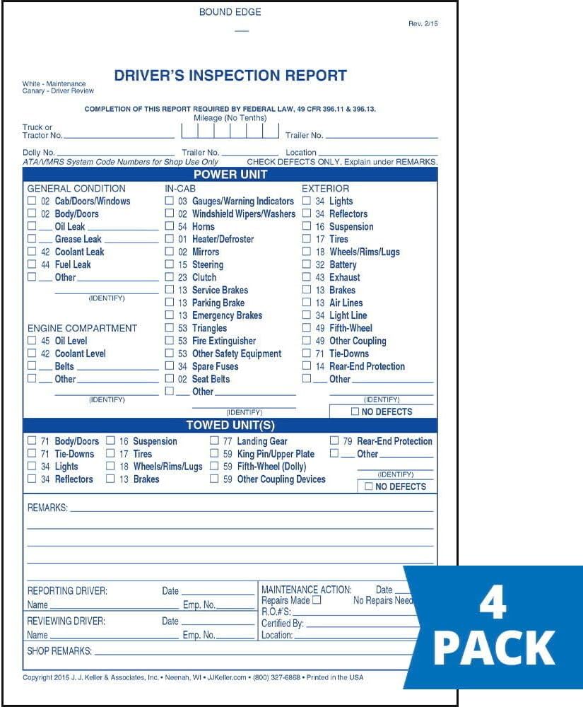 Detailed Driver's Vehicle Inspection Report 4-pk. - Book Format with 31 Sets, 2-Ply Carbonless, Blue Ink, 5.5" x 8.5", Meet FMCSR Requirements, J. J. Keller & Associates, Inc.