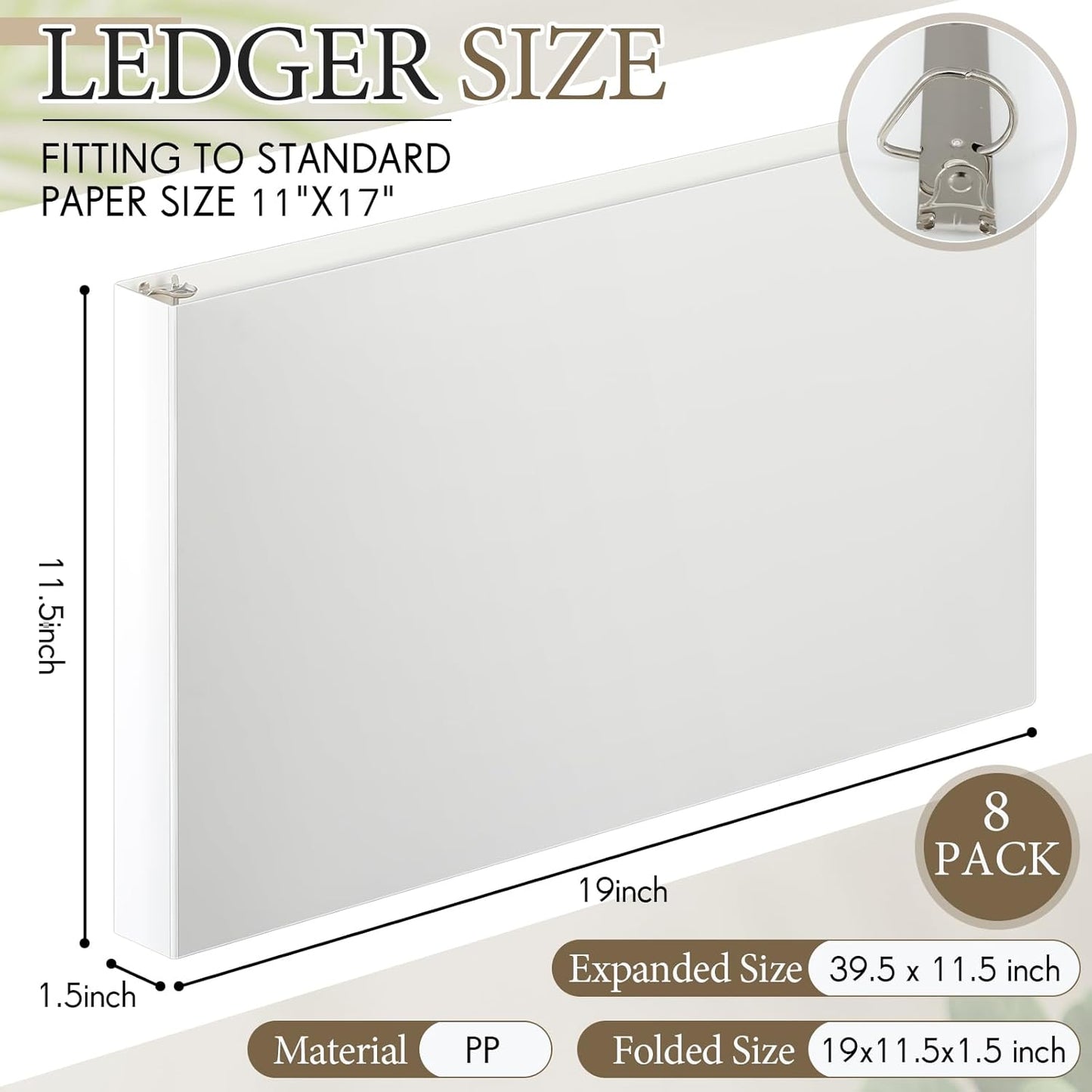 8 Pcs 11 x 17 Inch 3 Ring Binders 1 Inch Rings Heavy Duty View D Ring Binders Economy Holds 11" x 17" Paper for Artwork Blueprints, Office, Home, Work Places(White)