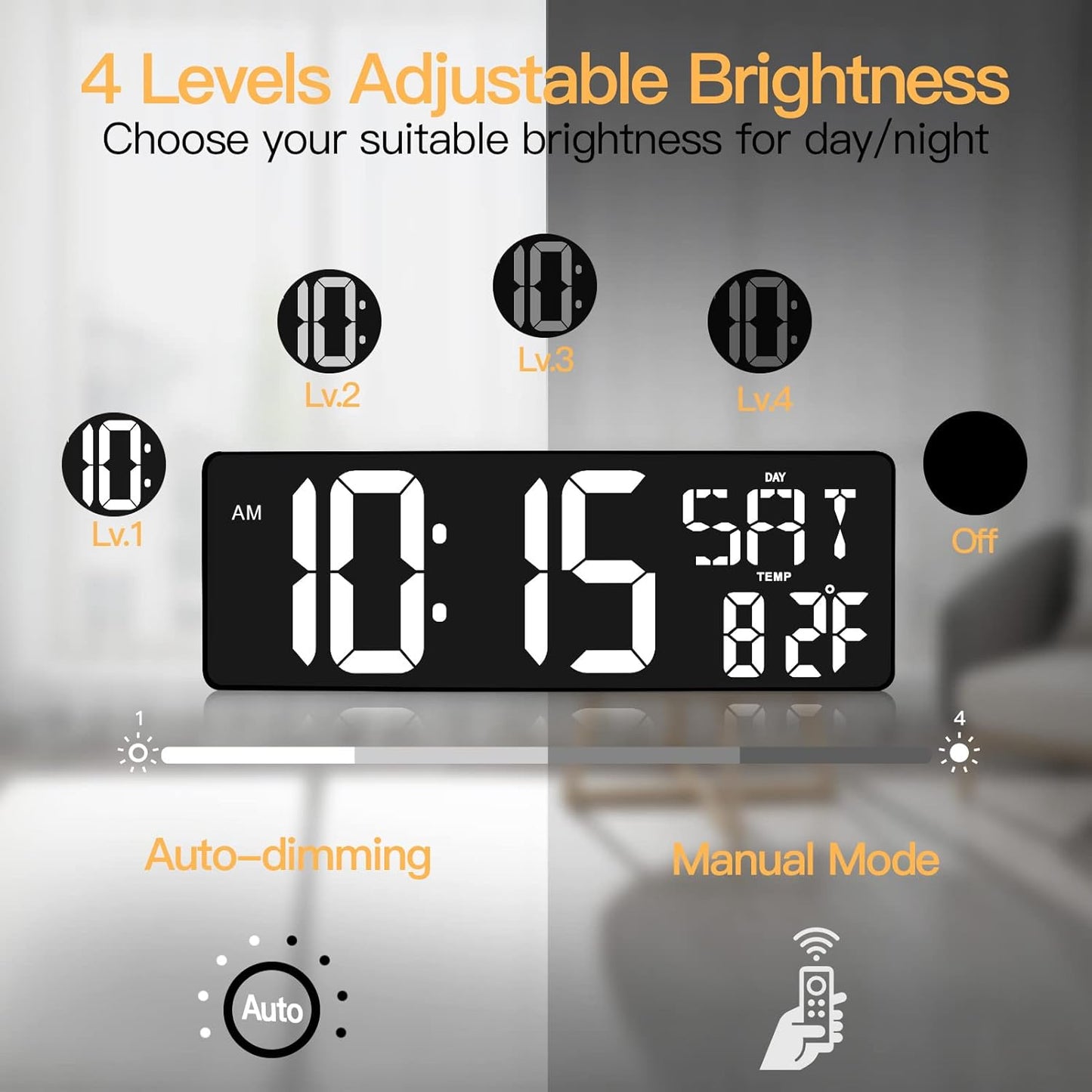 XREXS Large Digital Wall Clock with Remote Control, 17.2 Inch LED Large Display Count Up & Down Timer, Adjustable Brightness Plug-in Alarm Clock with Day/Date/Temperature for Living Room, Office, Gym
