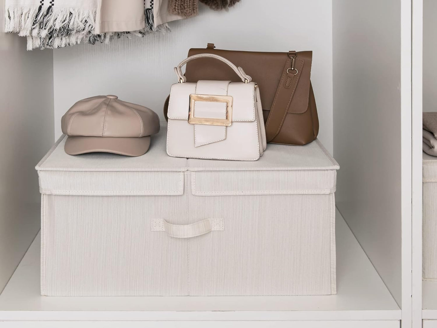 StorageWorks Extra Large Storage Bins with Lids, 55L Decorative Storage Bins with Double-Open Lid and Divider Board, Fabric Bins with Handles, Mixing of Beige, White & Ivory, 2-Pack