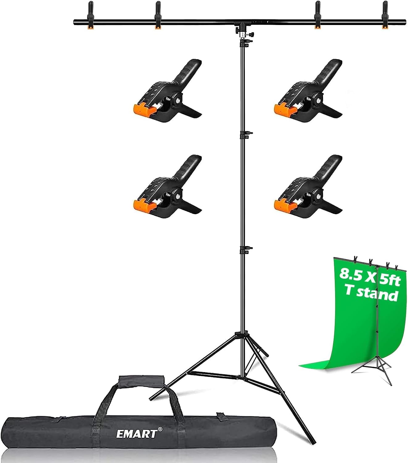 EMART 8.5 x 5ft Portable T-Shape Backdrop Stand Kit with Adjustable Frame, 4 Spring Clamps & Carry Bag for Parties, Photography, Video, and Studio Background Support