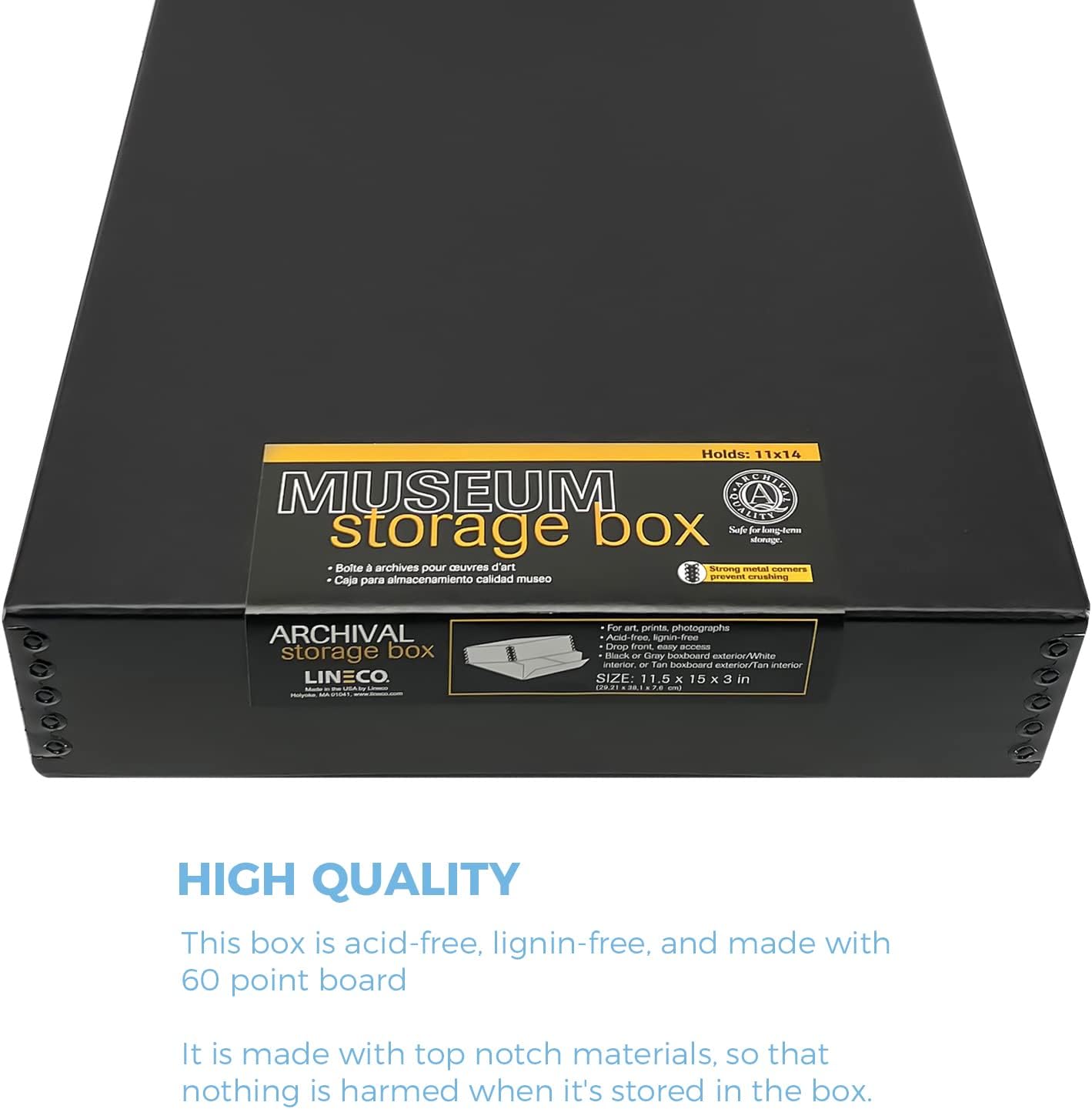 Lineco 11x14 Black Museum Archival Storage Box, Drop Front Design, 11 1/2 x 15 x 3 in. Acid-Free with Metal Edge. Preserves Picture Longevity, Organize Photos or Documents, Crafts, DIY.