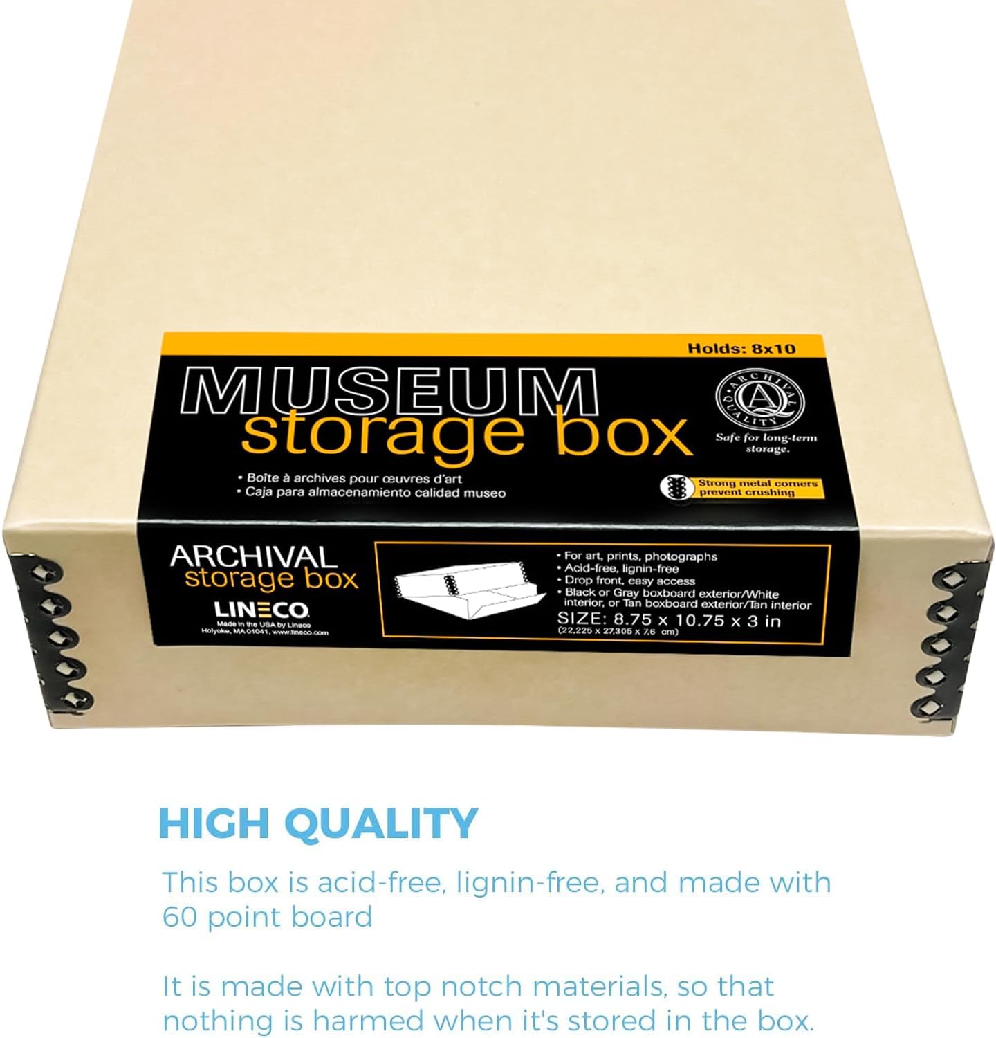 Lineco Museum Archival Storage Box, 8.75x10.75x3 in. Drop Front Design. Acid-Free with Metal Edge. Organize Photos, Pictures, Prints, Documents, Crafts, DIY. Tan, 2 Pack