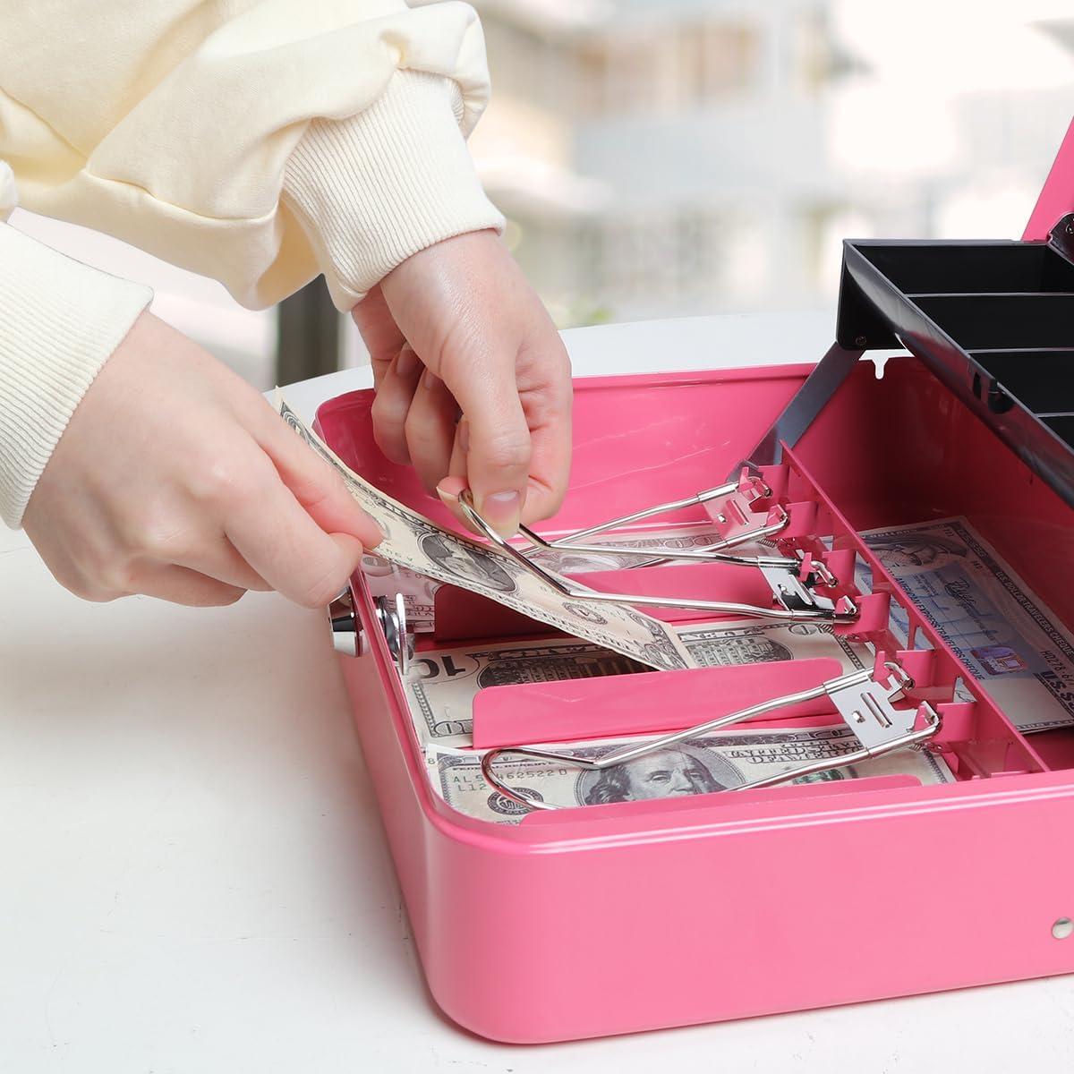 Jssmst Large Locking Cash Box with Money Tray, Lock Box with Security Cable Metal Money Box with Key Lock, Pink