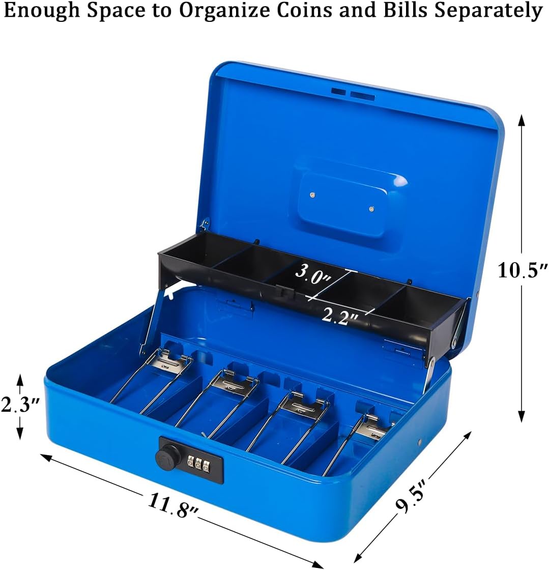 Jssmst Large Locking Cash Box with Money Tray, Metal Money Box with Combination Lock, Code Lock Box Blue Money Safe, SM-CB02305XL