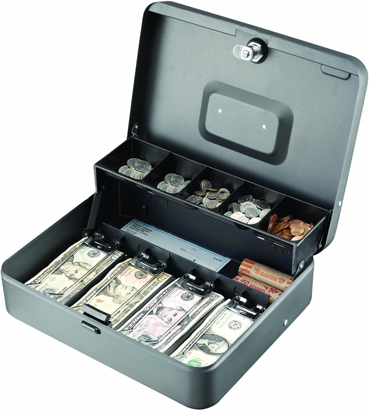MMF Industries STEELMASTER Tiered Tray Cash Box | 11.81” W x 3.18” H x 9.43” D | 10 Compartments | Tiered Tray Design | Recessed Handle | Secure Cam Lock | Steel Construction
