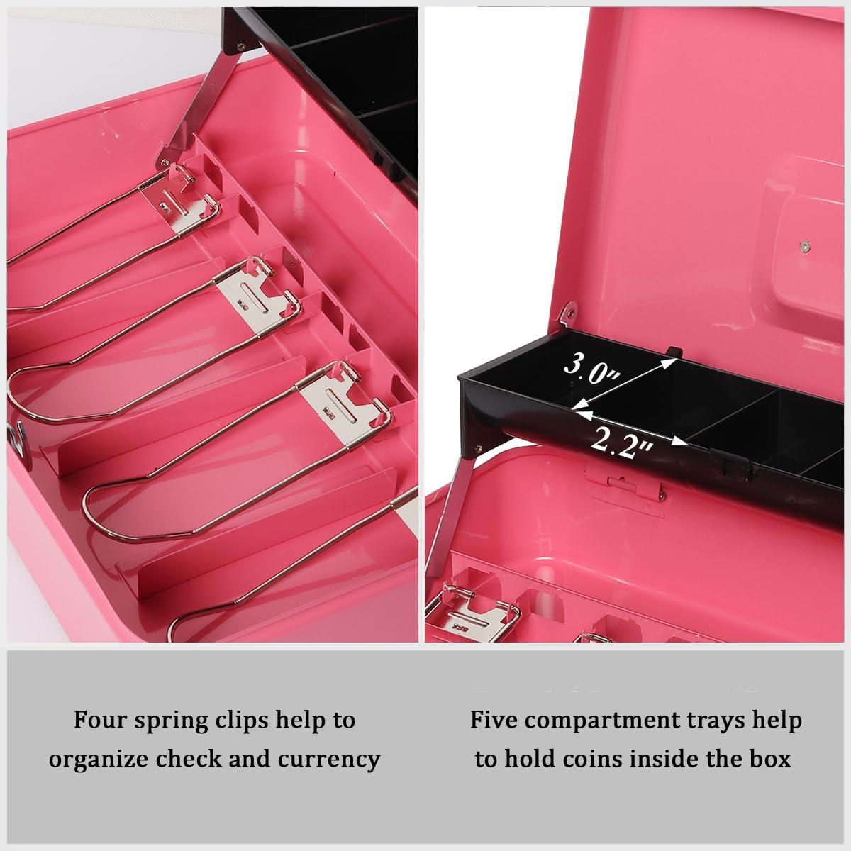 Jssmst Cash Box with Money Tray and Lock - Pink Cash Box with Key Lock Safe Money Box Large, Locking Register Drawer for Money, 11.8'' x 9.5'' x 3.5'', SM-CB005PK