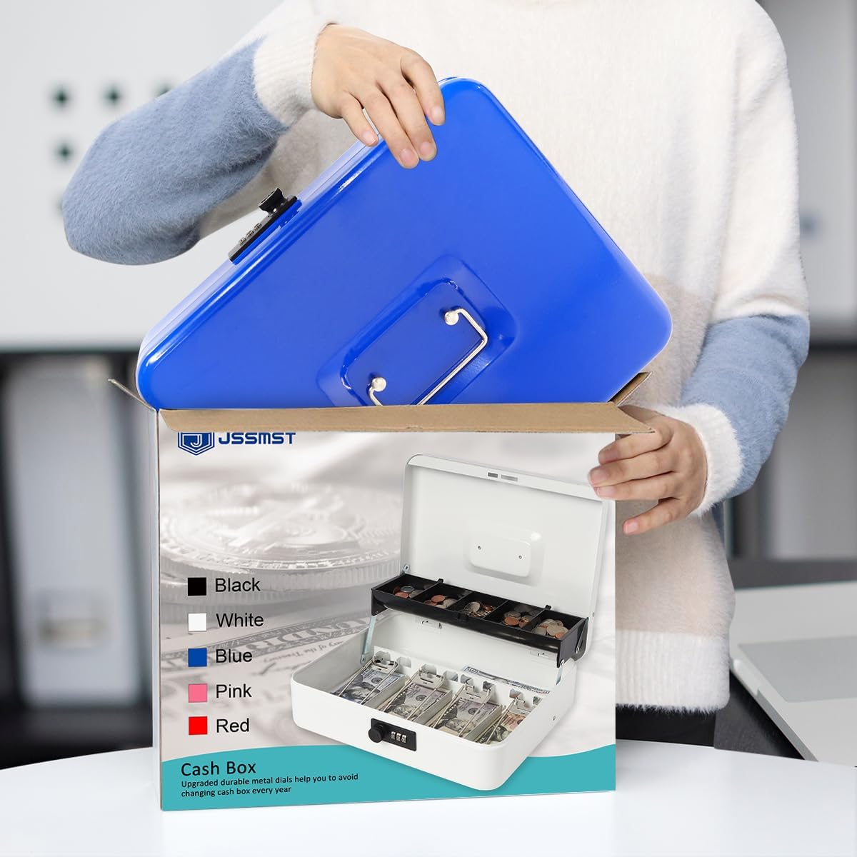 Jssmst Large Locking Cash Box with Money Tray, Metal Money Box with Combination Lock, Code Lock Box Blue Money Safe, SM-CB02305XL