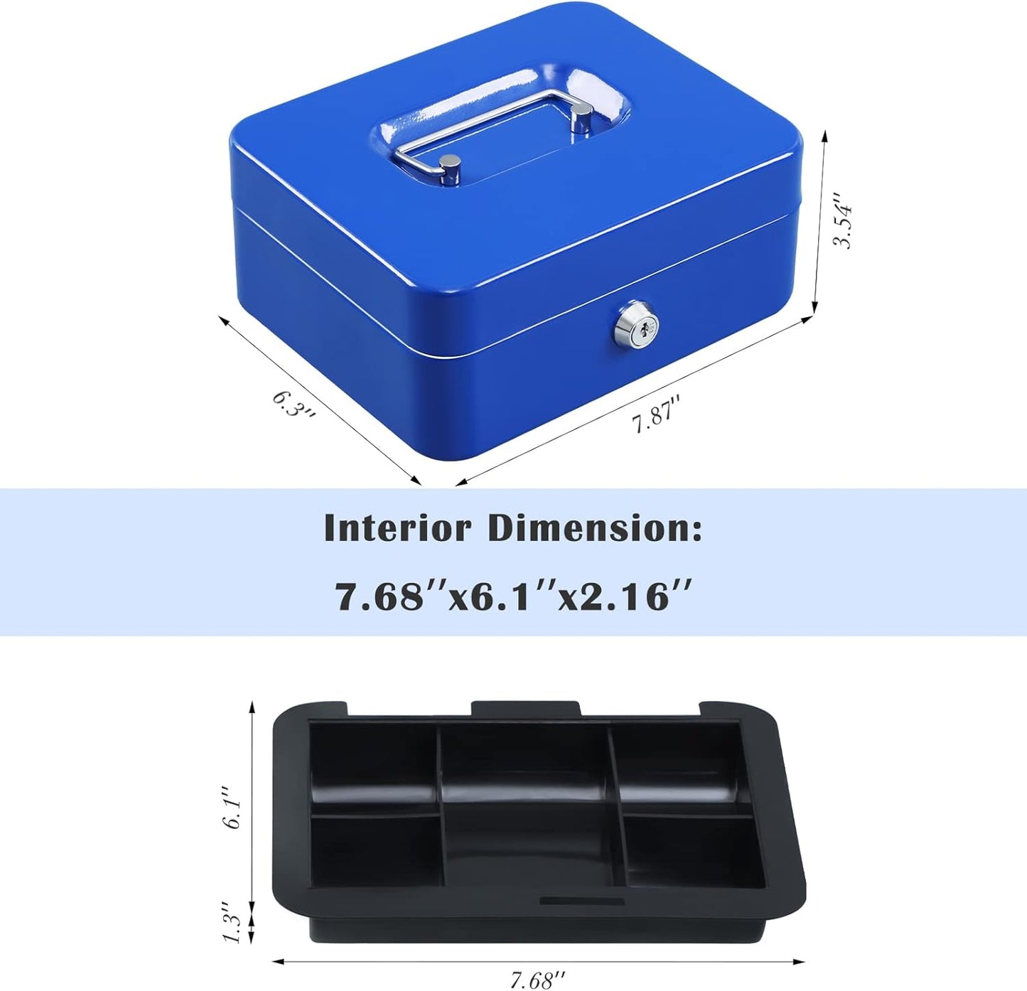 xydled Locking Steel Medium Cash Box with Removable Coin Tray and Key Lock,7.87"x 6.30"x 3.54",Blue