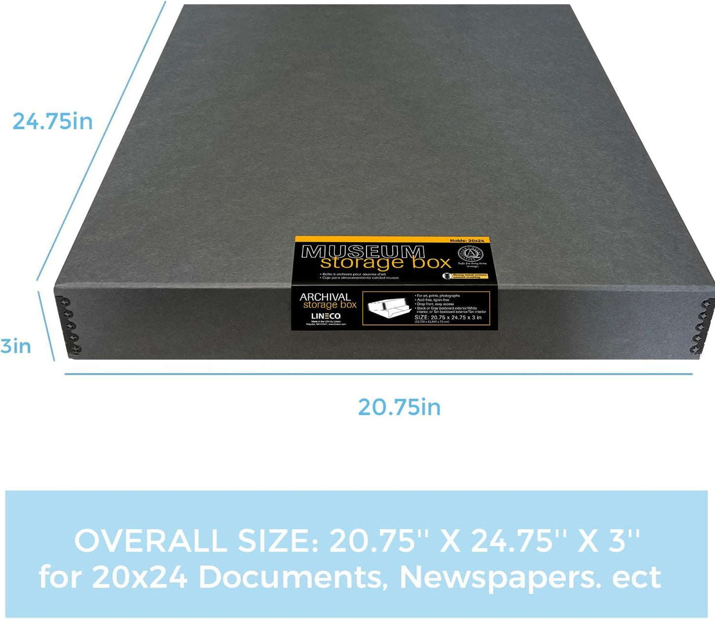 Lineco Museum Archival Storage Box, 20.75x24.75x3 in. Drop Front Design. Acid-Free with Metal Edge. Organize Photos, Pictures, Prints, Documents, Crafts, DIY. Gray, 1 Pack
