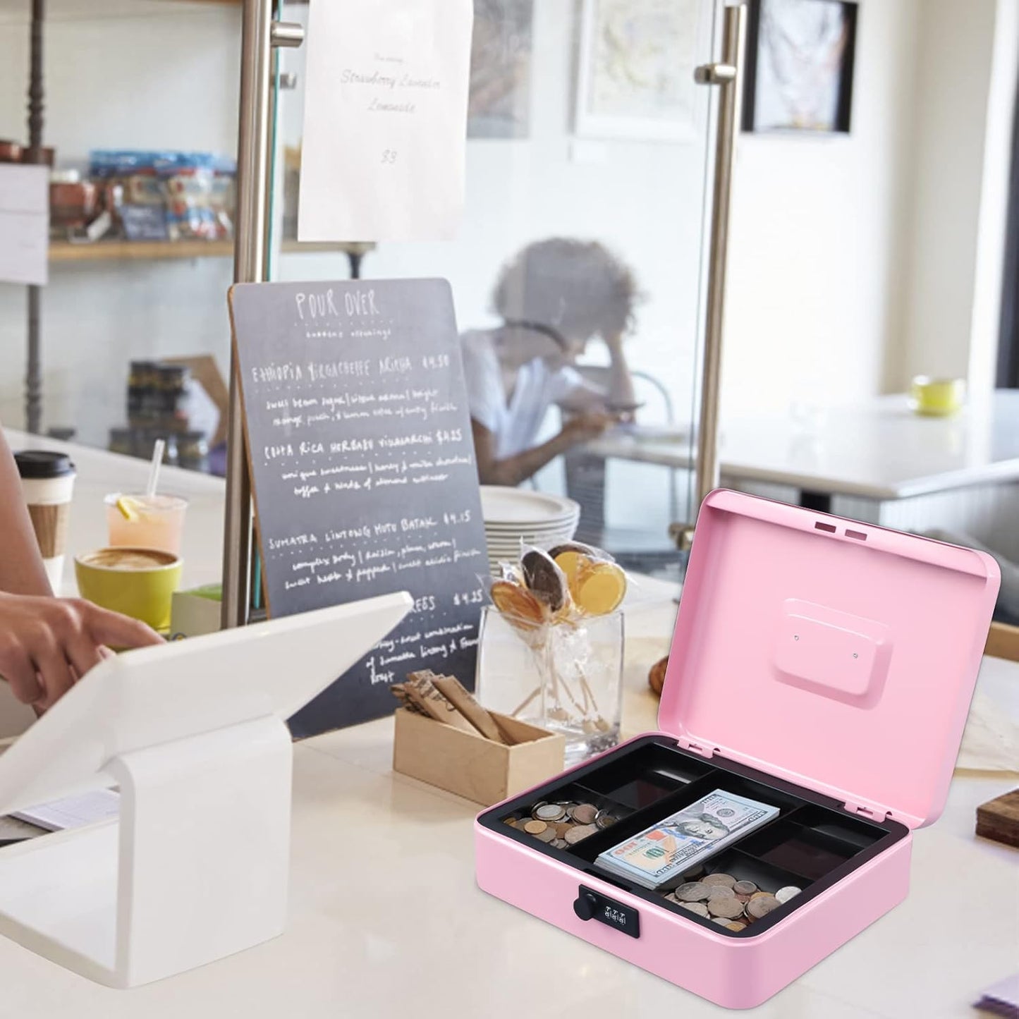 KYODOLED Metal Cash Box with Combination Lock Money Box for Cash Safe Metal Box with Money Tray for Security Lock Box 11.81"x 9.45"x 3.54" Pink X Large