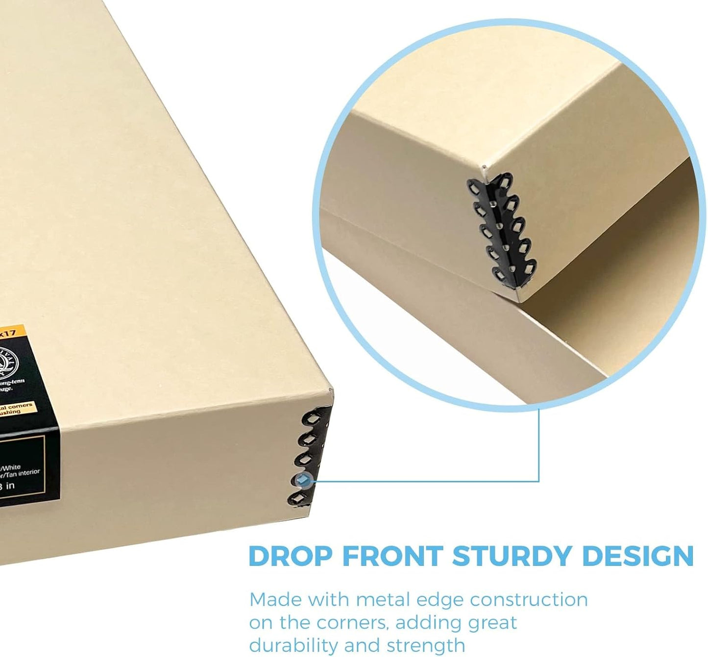 Lineco Museum Archival Storage Box, 14.75x18.75x3 in. Drop Front Design. Acid-Free with Metal Edge. Organize Photos, Pictures, Prints, Documents, Crafts, DIY. Tan, 1 Pack