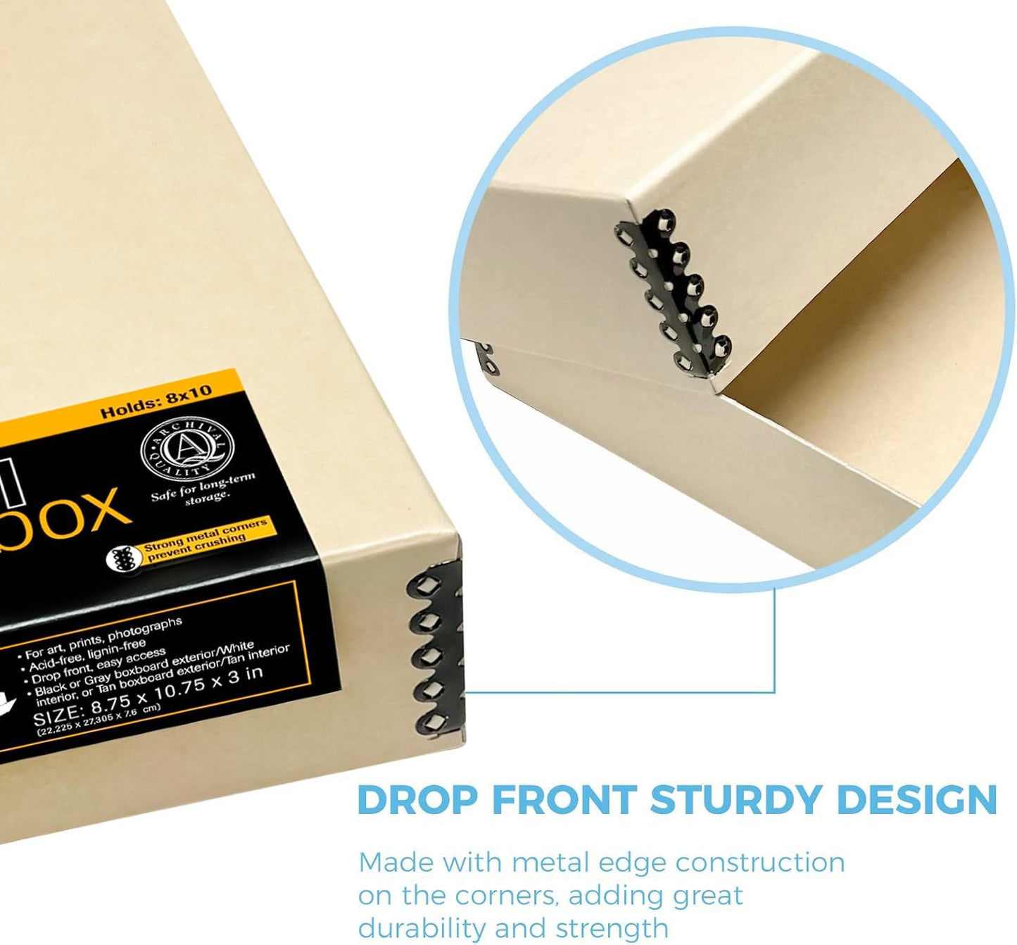 Lineco Museum Archival Storage Box, 8.75x10.75x3 in. Drop Front Design. Acid-Free with Metal Edge. Organize Photos, Pictures, Prints, Documents, Crafts, DIY. Tan, 1 Pack