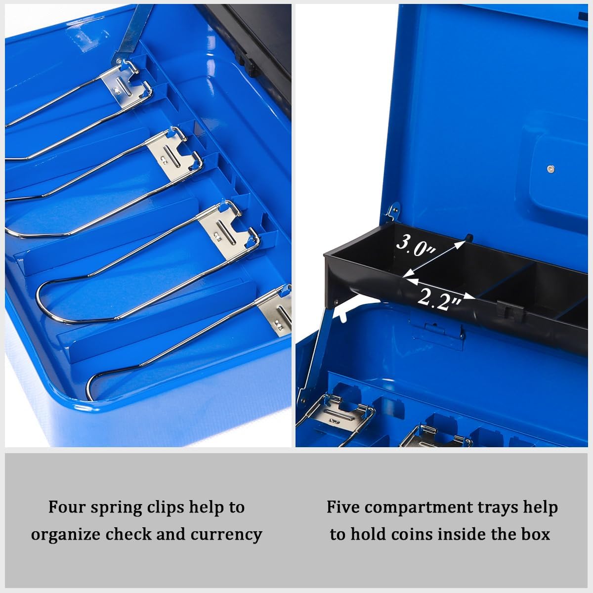 Jssmst Large Locking Cash Box with Money Tray, Lock Box with Security Cable Metal Money Box with Key Lock, Blue