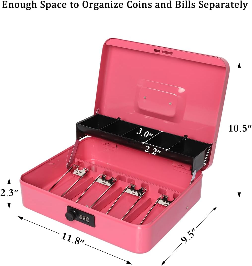 Jssmst Cash Box with Money Tray and Lock - Pink Cash Box with Combination Lock Safe Large, Locking Cash Register Drawer Box for Money, 11.8'' x 9.5'' x 3.5'', SM-CB005PC