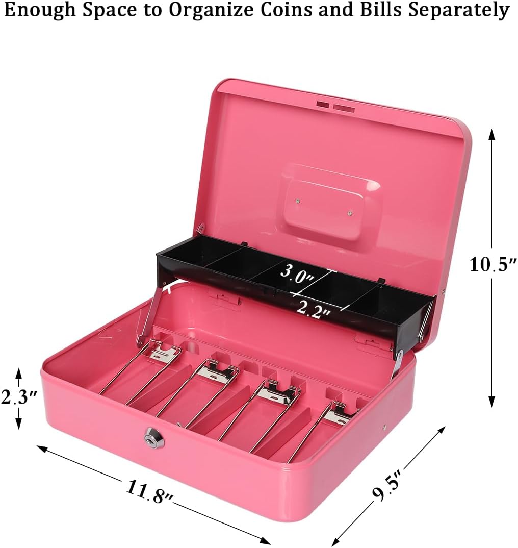 Jssmst Large Locking Cash Box with Money Tray, Lock Box with Security Cable Metal Money Box with Key Lock, Pink