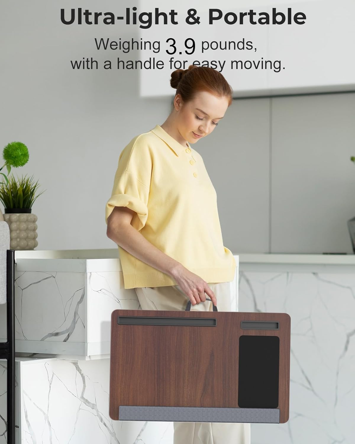 Lap Desk - Up to 17” Laptop Tray with Wrist Rest, Portable Handle, Fixed Mouse Pad, Tablet & Phone Slots, Laptop Lap Desk with Cushion (Dark Brown)