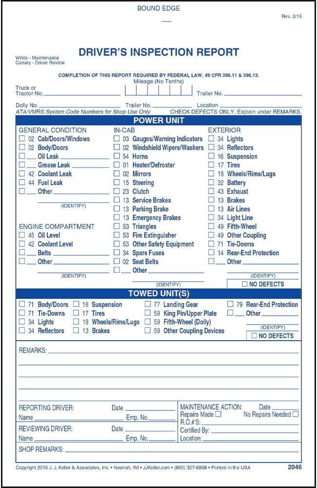Detailed Driver's Vehicle Inspection Report 10-pk. - Book Format with 31 Sets, 2-Ply Carbonless, Blue Ink, 5.5" x 8.5", Meet FMCSR Requirements, J. J. Keller & Associates, Inc.