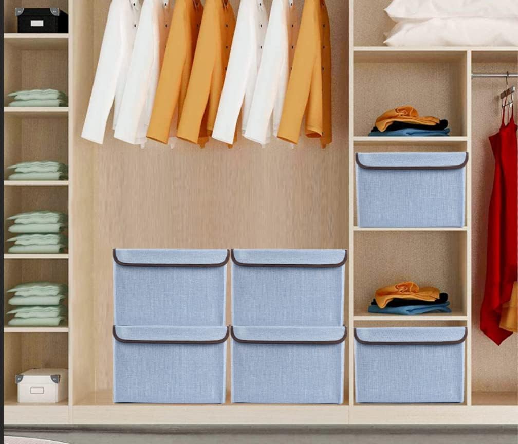 Foldable Storage Bins with Lids, Decorative Storage Baskets, Large Storage Boxes for Home, Office, Bedroom, Closet, Blue, Medium, 4 Pack 14.6 x 9.5 x 9.5”