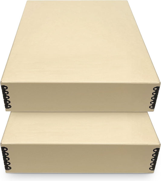 Golden State Art, Archival Storage Box, Acid-Free Drop Front Museum Box with Metal Edge for Storing Artwork Photos Documents Prints Arts and Crafts (Tan-11.75x 15.25x 3 Inches) Pack of 2