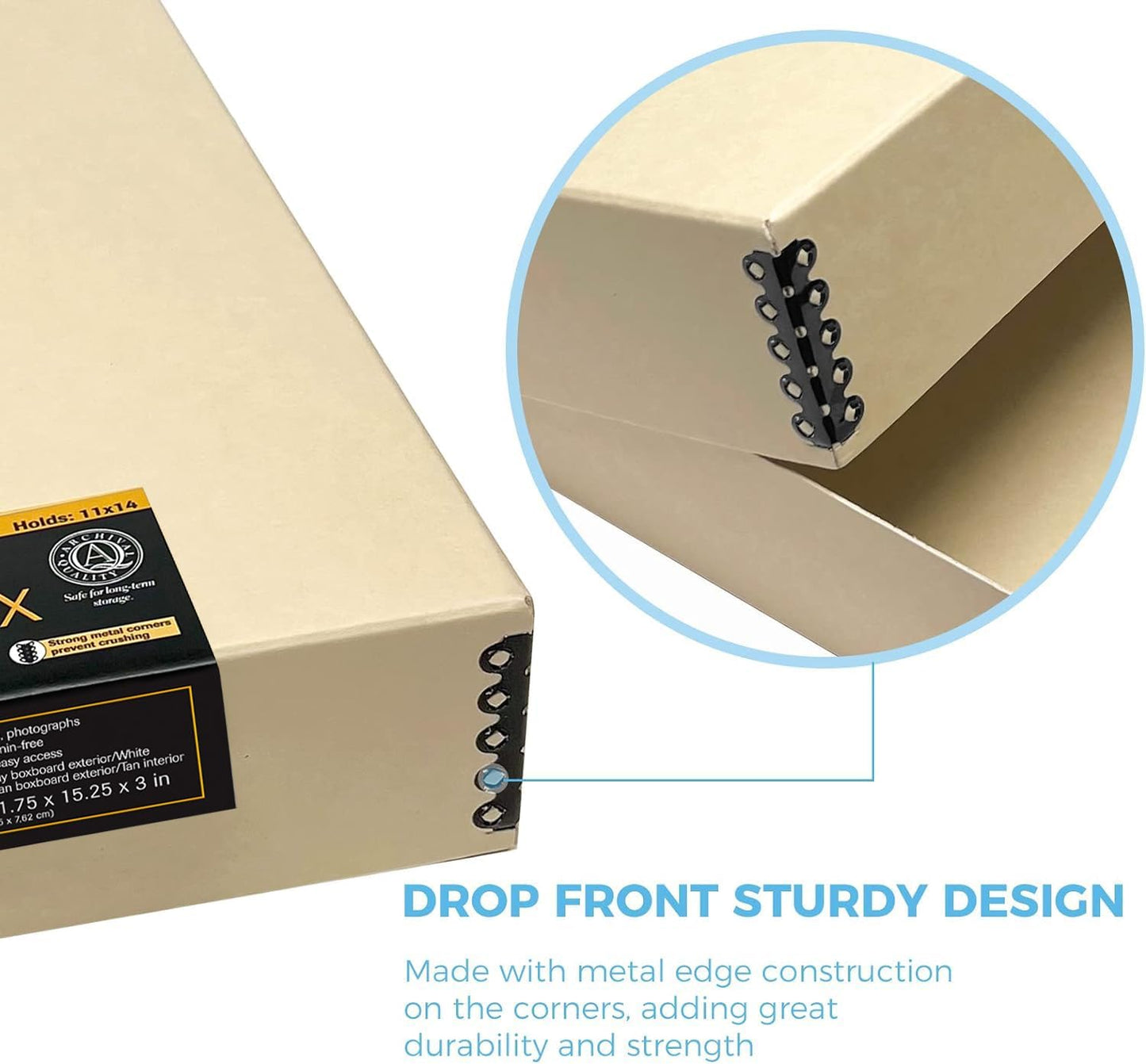 Lineco Museum Archival Storage Box, 11.75x15.25x3 in. Drop Front Design. Acid-Free with Metal Edge. Organize Photos, Pictures, Prints, Documents, Crafts, DIY. Tan, 2 Pack