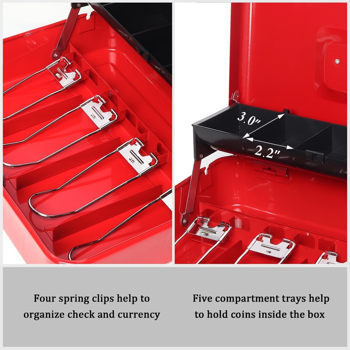 Jssmst Large Locking Cash Box with Money Tray, Lock Box with Security Cable Metal Money Box with Key Lock, Red