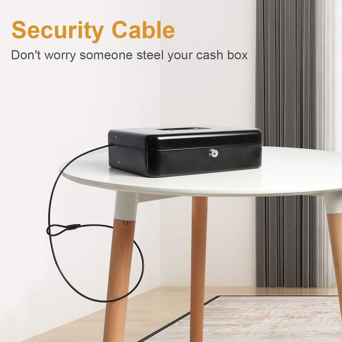 Jssmst Large Locking Cash Box with Money Tray, Lock Box with Security Cable Metal Money Box with Key Lock, Black, CB02304XL