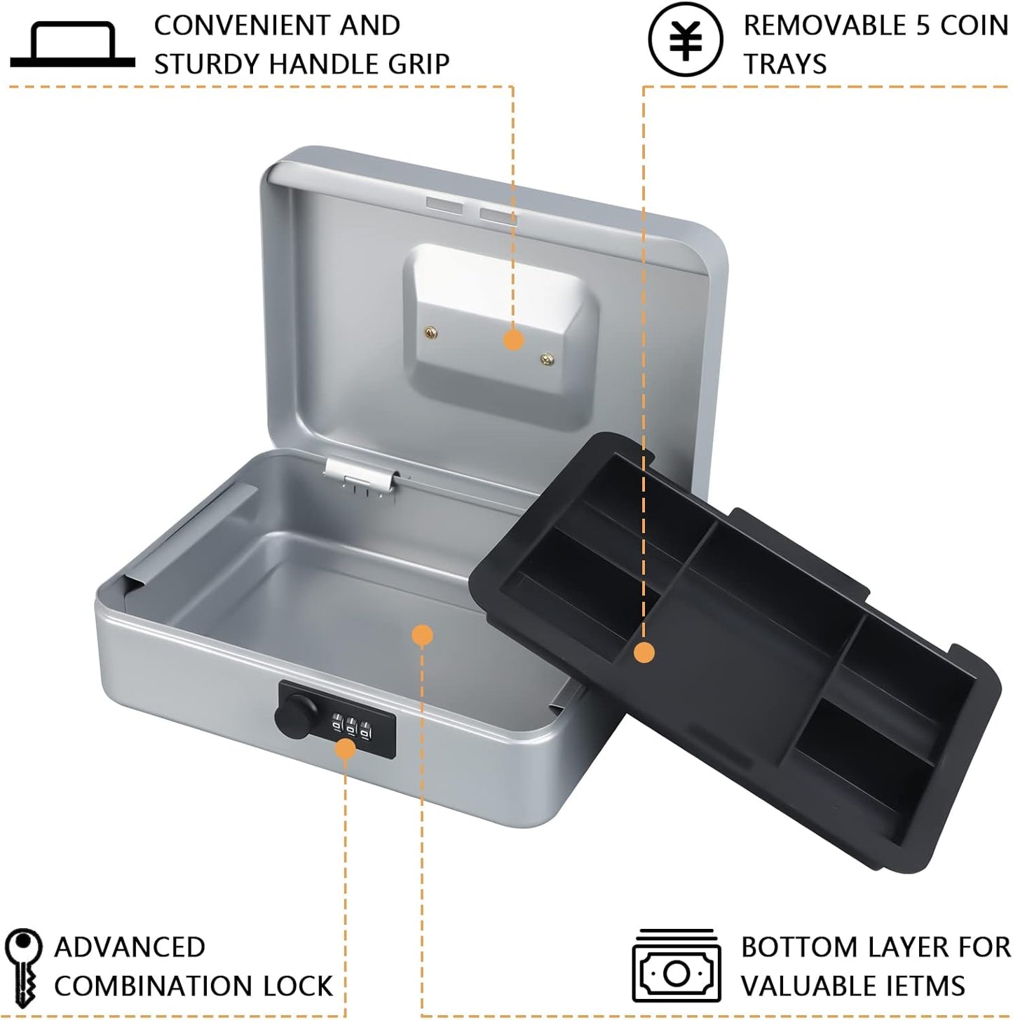 KYODOLED Large Cash Box with Combination Lock,Safe Metal Box for Money, Storage Lock Box with Money Tray,9.84"x 7"x 3.54" Lightgrey Large