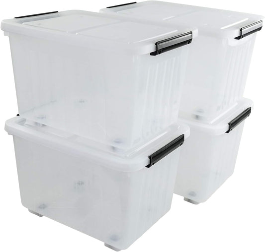 Set of 4 Large Plastic Storage Box with Lid, 30 L Latching Storage Box Bin, Clear