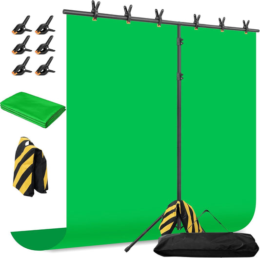 Green Screen Backdrop with Stand, 8x5.3ft Portable Greenscreen Background with Stand, T-Shape Green Screen Stand kit with 6 Spring Clamps, Sandbag, Carry Bag for Zoom, Video