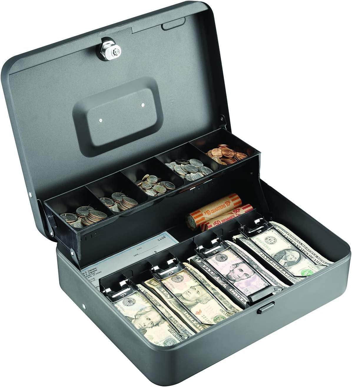 MMF Industries STEELMASTER Tiered Tray Cash Box | 11.81” W x 3.18” H x 9.43” D | 10 Compartments | Tiered Tray Design | Recessed Handle | Secure Cam Lock | Steel Construction