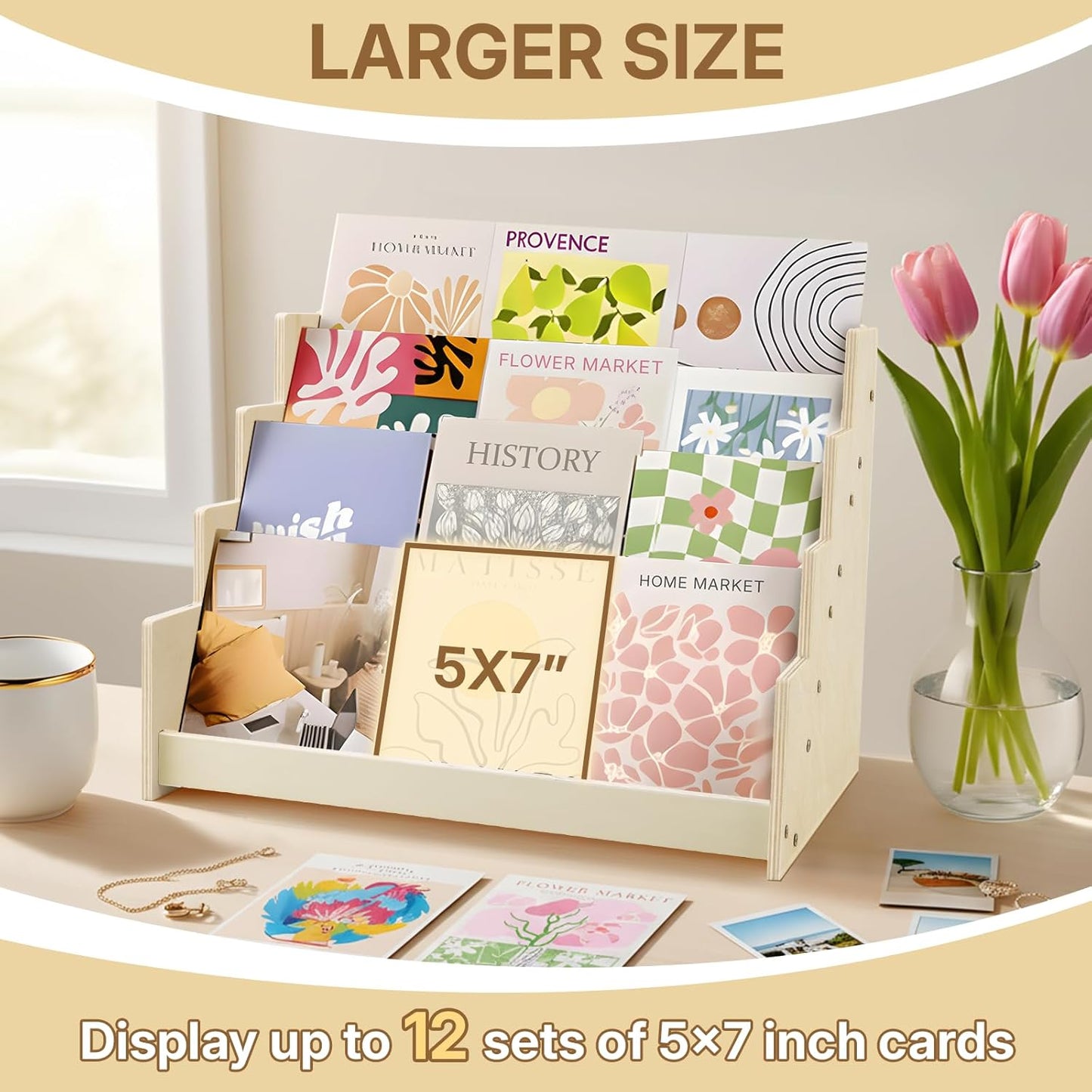 4 Tier 1Pc Wooden Greeting Card Display Stand, Sticker Organizer Rack, Retail Photos Shelf for Vendors Craft Collection, Retail Stores, Postcards, Jewelry, Snacks