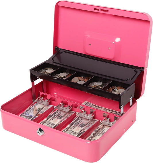 Jssmst Locking Cash Box with Money Tray and Lock, Metal Money Box with Change Lid, 11.8L x 9.5W x 3.5H Inches, Safe Box for Money with Key Lock Pink, SM-CB0515P