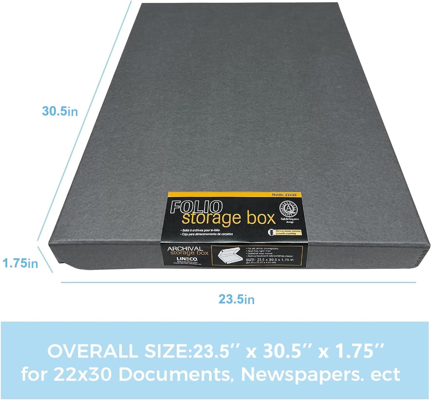 Lineco Folio Storage Box, Clamshell Design with Metal Edge. 23.5x30.5x1.75 in, Archival Boxboard, Preserve Photos, Prints, Cards, Magazines, Documents, Art, Ephemera, Family Records, Gray, Pack of 2