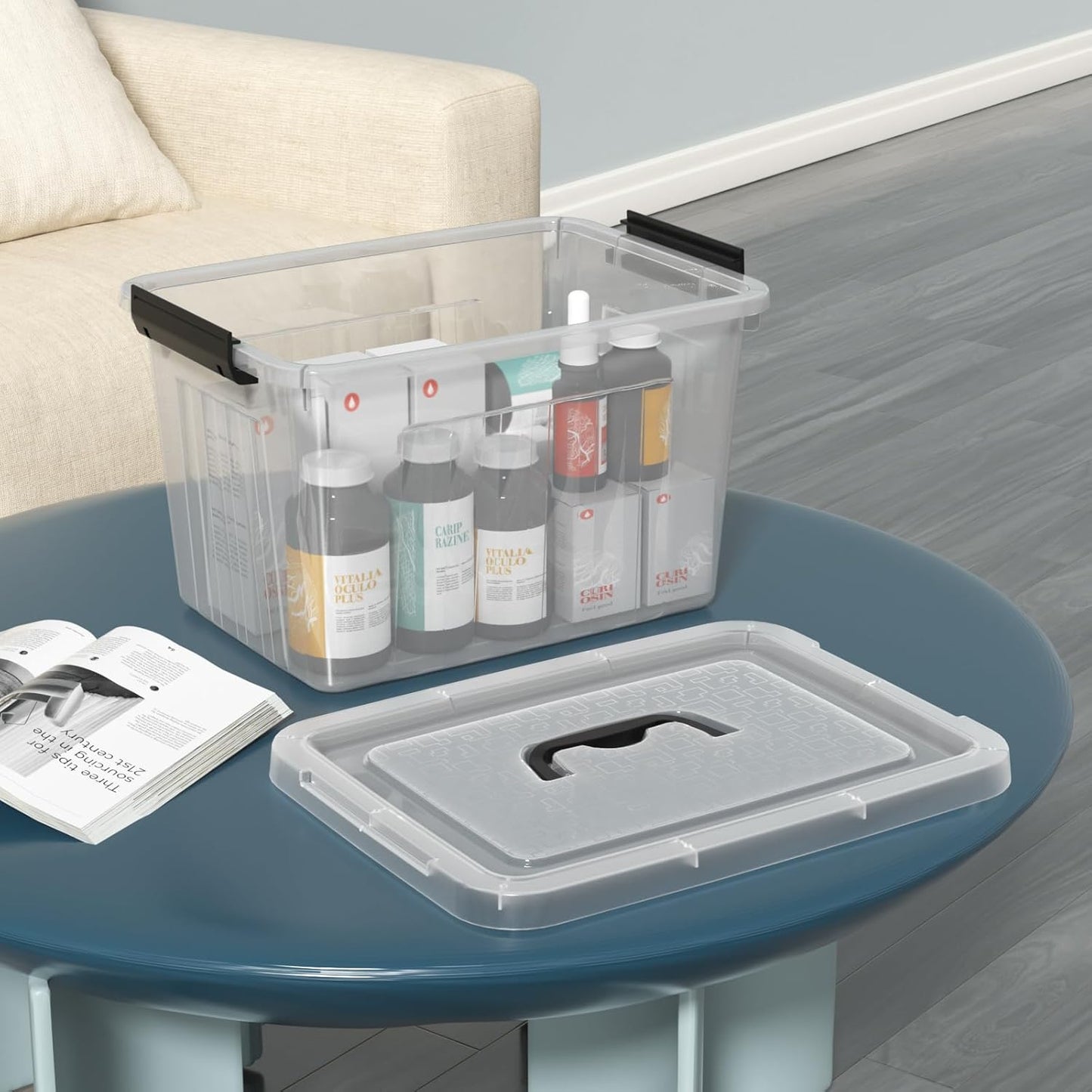 Set of 4 Storage Bins with Latch Lids, Clear Plastic Storage Box with Handle, 18 L