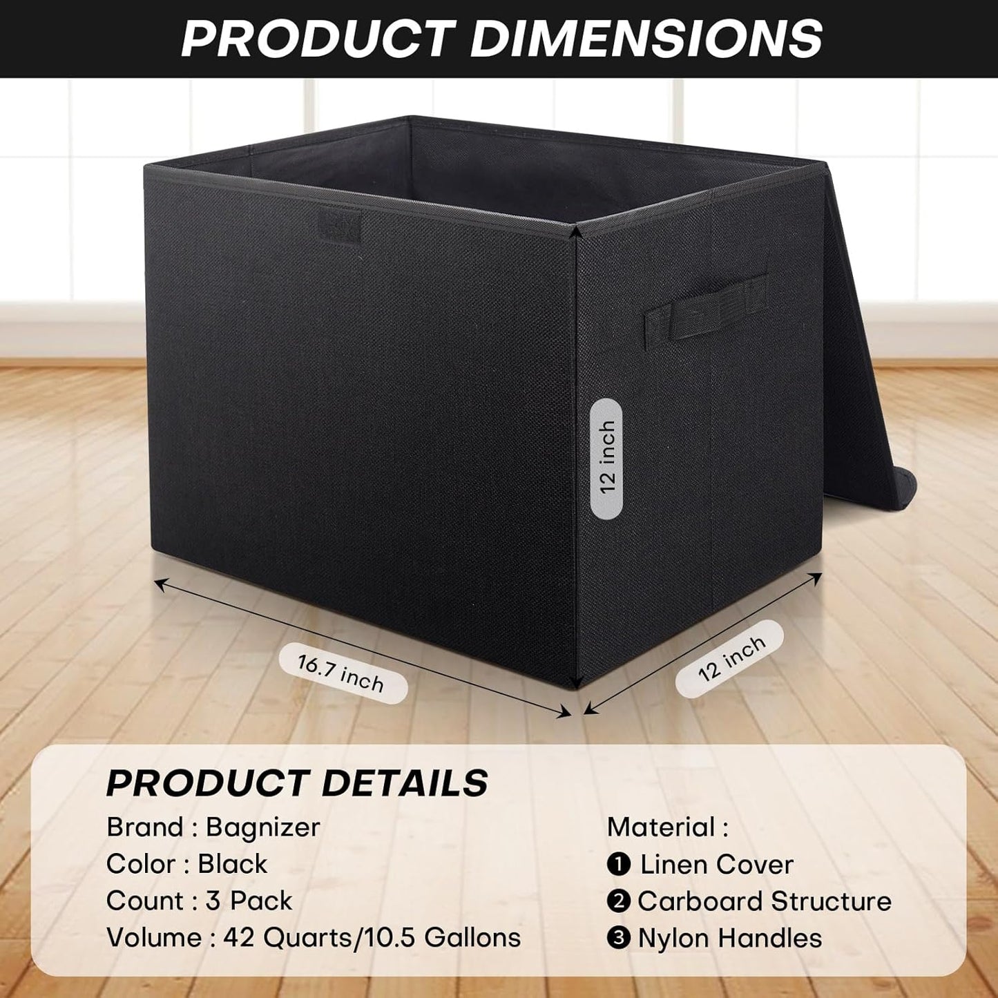 Large 17" 42 Quarts Collapsible Stackable Storage Bins with Lids [3-Pack] Foldable Fabric Linen Storage Boxes Cube, Closet Organizer Baskets with Label (16.7 x 12 x 12", Black)