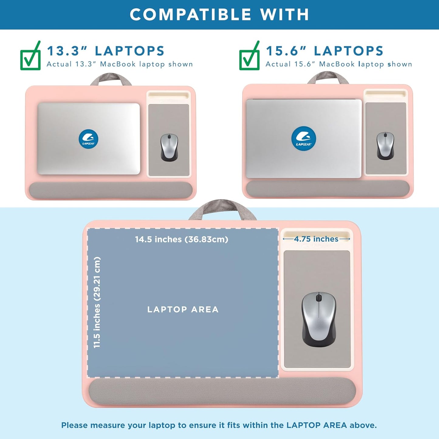 LAPGEAR Home Office Pro Lap Desk with Wrist Rest, Mouse Pad, and Phone Holder - Pink - Fits up to 15.6 Inch Laptops - Style No. 91604