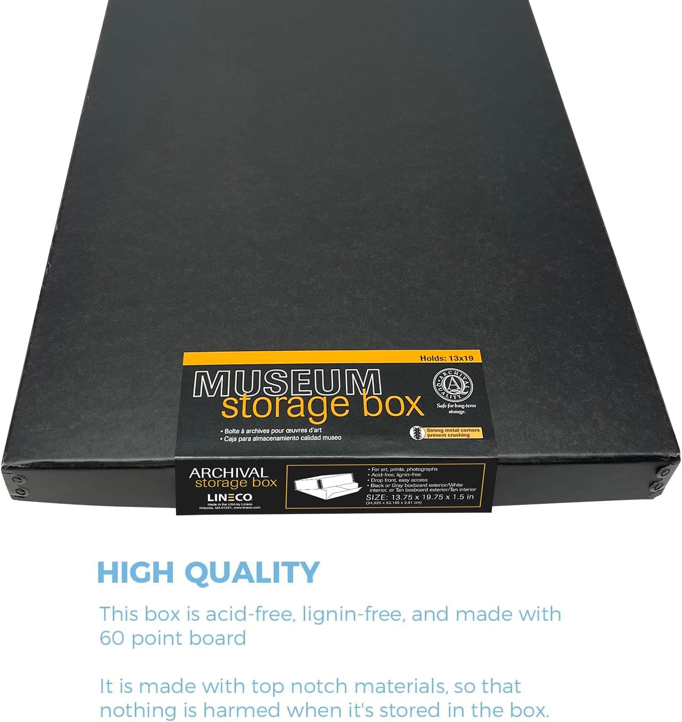 Lineco Museum Archival Storage Box, 13.75x19.75x1.5 in. Drop Front Design. Acid-Free with Metal Edge. Organize Photos, Pictures, Prints, Documents, Crafts, DIY. Black, 1 Pack