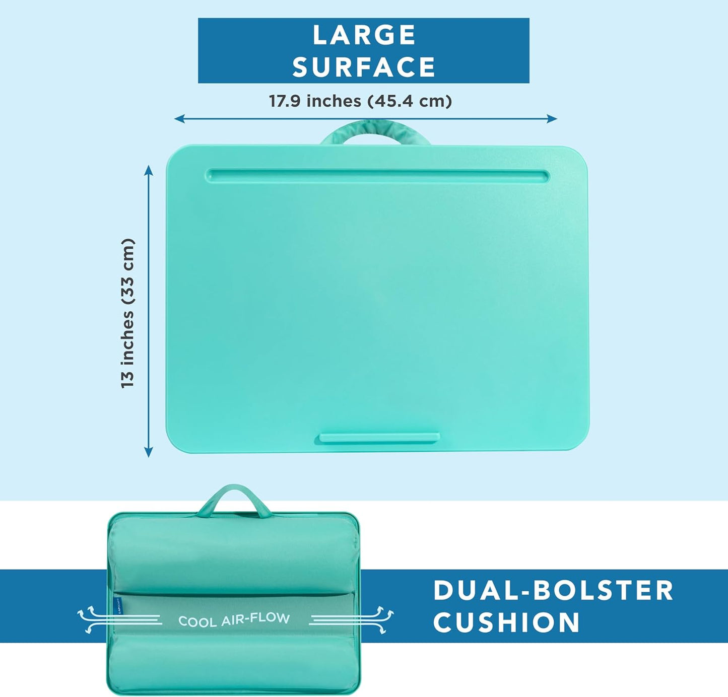 LAPGEAR Original Lap Desk – Large (17.9” x 13”) | Fits Up to 17.3” Laptops | Cushioned with Device Ledge, Pencil Tray & Handle | Portable & Lightweight | Aqua Sky – Style No. 45159