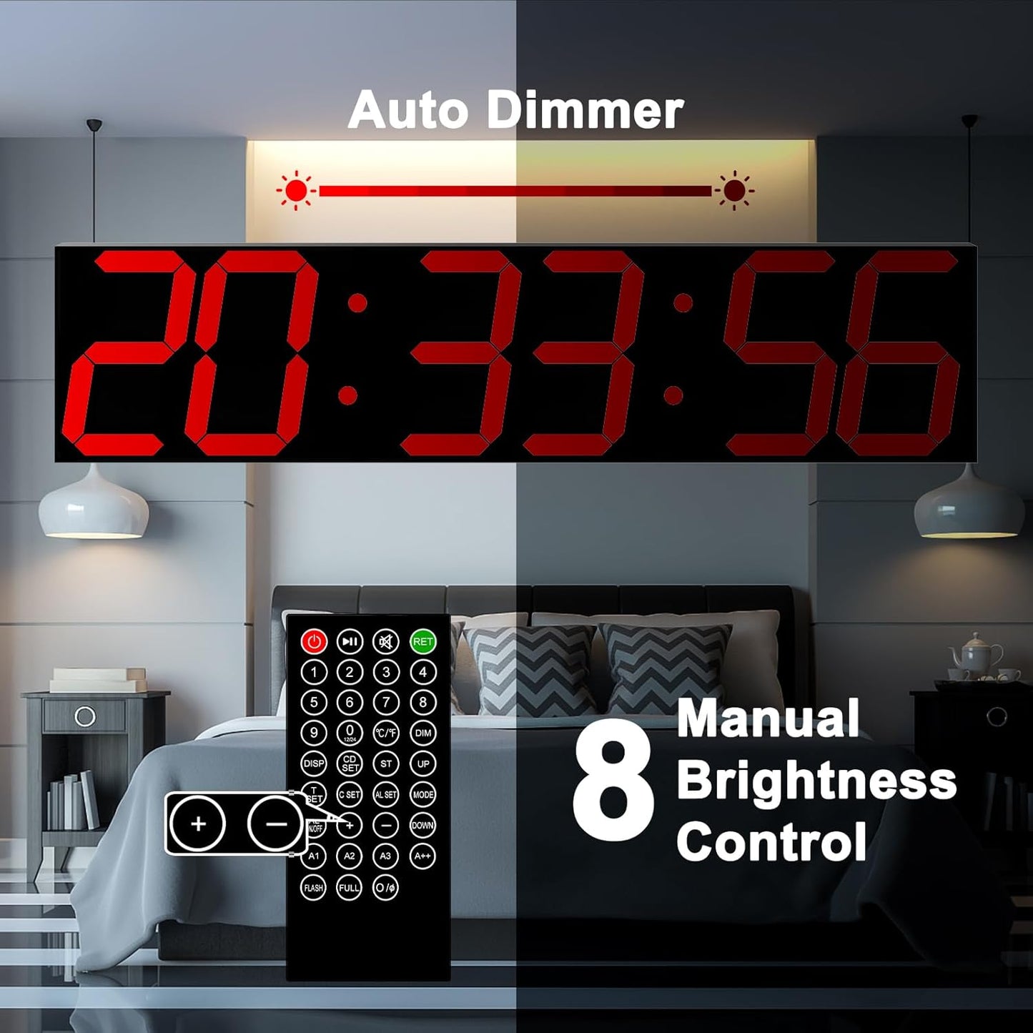 Digital Wall Clock, Oversize Led Digital Clock Large Display with Auto Dimmer, Huge Countdown Timer with Remote Control, 27" Wide Led Display, 6 Digits, Wall Mount, Date and Temperature (Red)