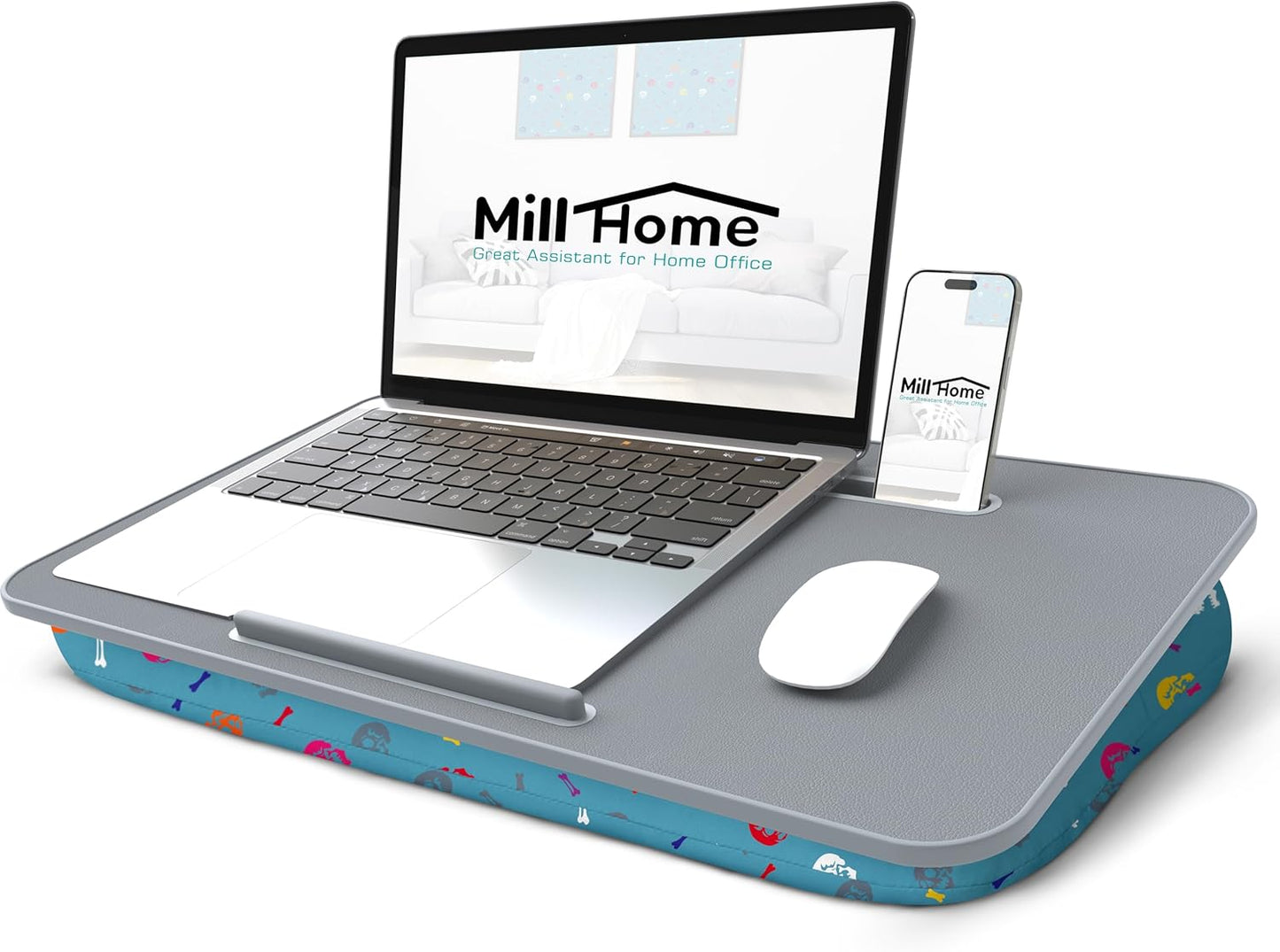 Millhome Lap Desk | Portable Laptop Desk – Fits Up to 17.3" Laptops – Detachable & Washable Cushion, Phone Holder, Device Ledge – for Writing, Working, Reading on Bed, Couch, Floor – Maui Blue Skull