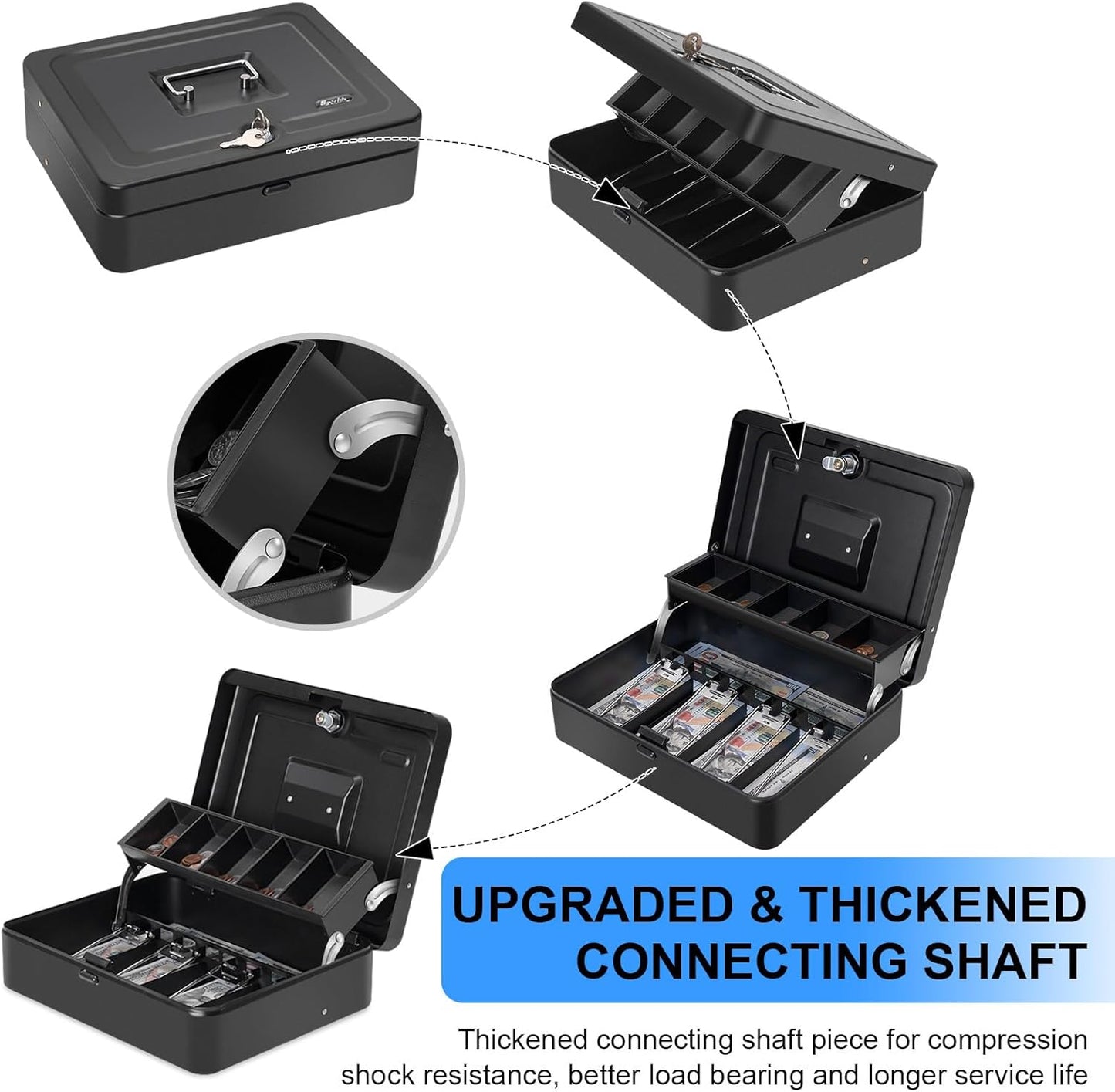 Cash Box Key Lock on Top, 11.8L x 9.5W x 3.5H Inches, Black Metal Money Box with Tray,Tiered Locking Cash Boxes,Durable Lock Safe Box with Key,4 Bill / 5 Coin Slots,Large