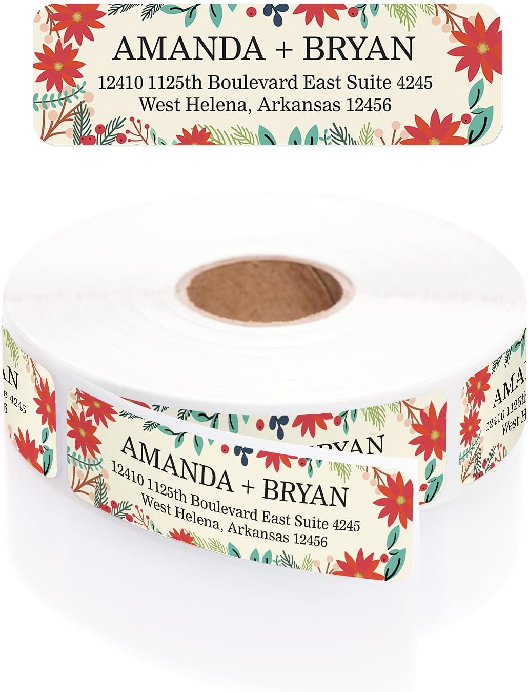 Ivory Holiday Floral Rolled Address Labels/Roll of 500 Personalized Return Address Labels/Designer Return Address Stickers in Elegant Plastic Dispenser