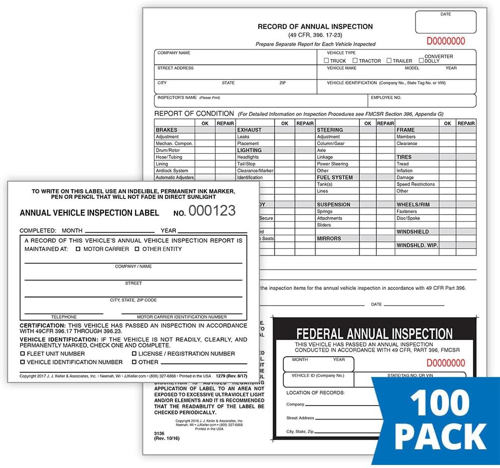 J. J. Keller 100-Pack, Record of Annual Inspection Form with Inspection Decal & Prenumbered Vinyl Adhesive Label 2-Ply, 2-Ply Carbonless Form, DOT Compliant