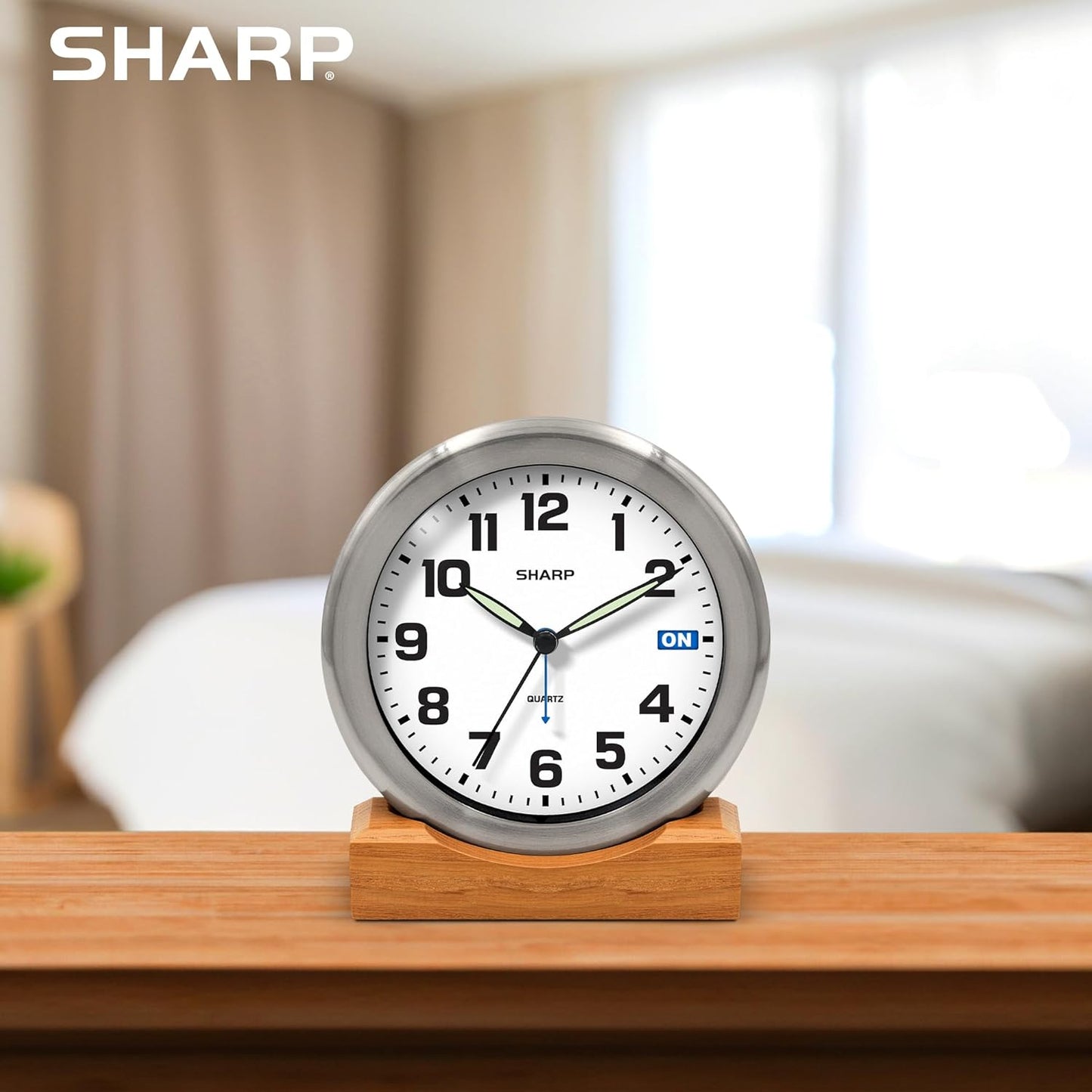 Sharp Silent Sweep Quartz Analog Alarm Clock with Alarm Status Indicator on Dial, Brushed Metal Clock with Genuine Wood Stand