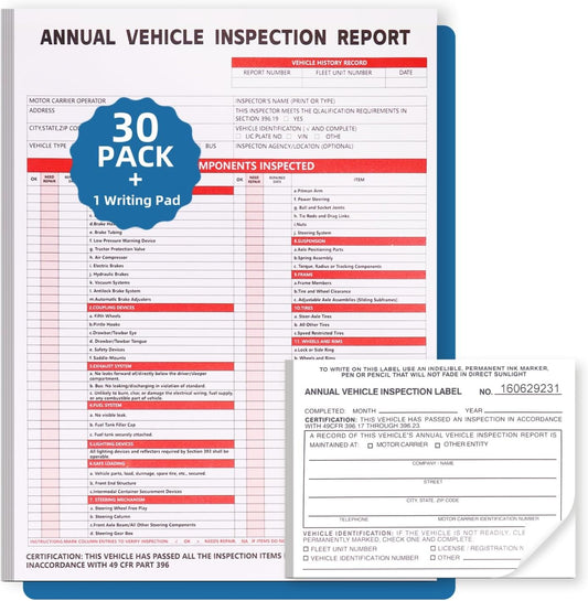 30-Pack Annual Vehicle Inspection Report Form, 3-Ply Carbonless Form and Hardboard, Includes 30-Pk 2-Ply FMCSA Vinyl Adhesive Label for Annual Inspections, DOT Compliant
